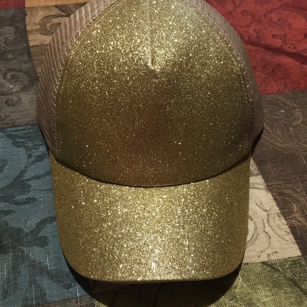 Gold glitter ponytail bun trucker baseball hat cap